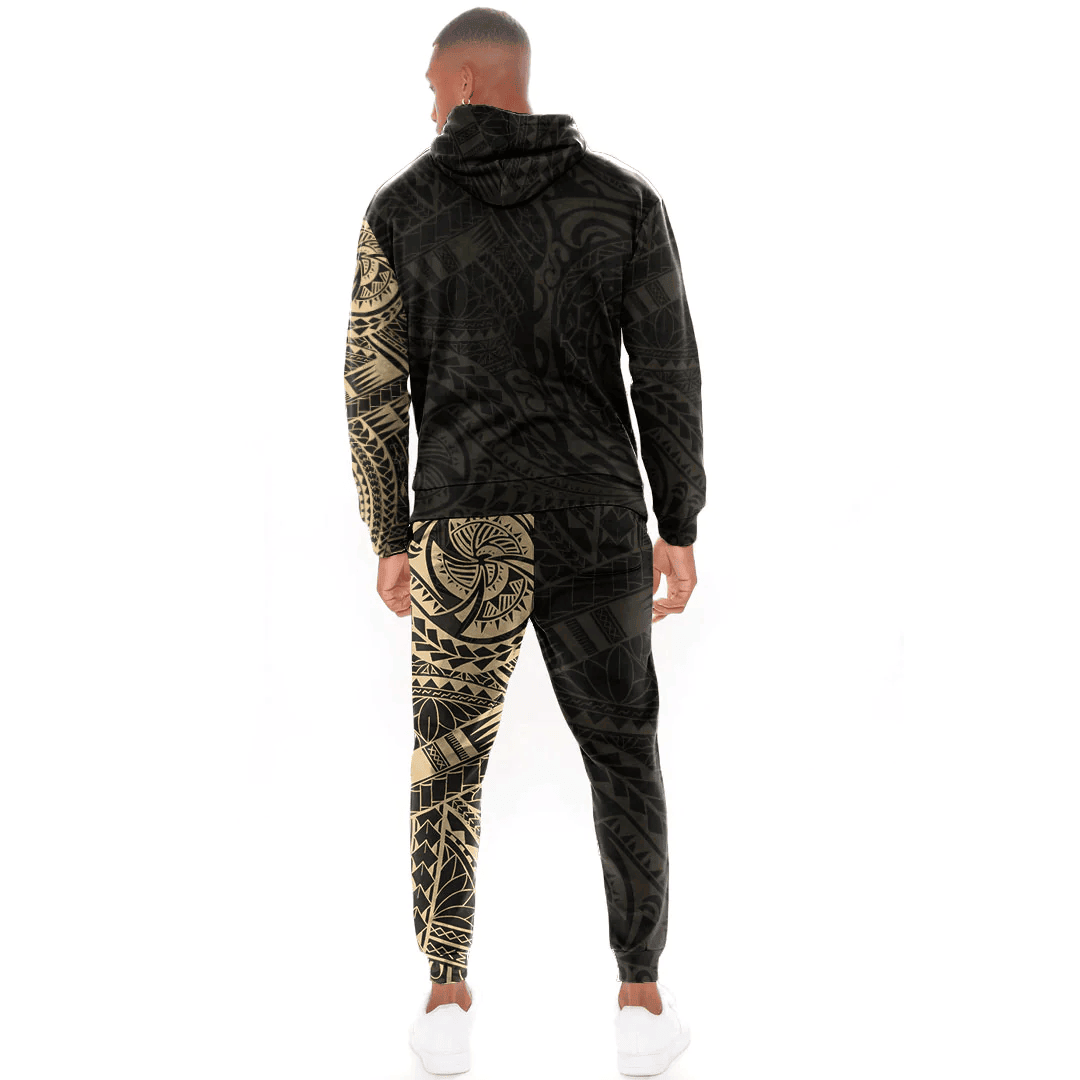 Alohawaii Clothing - Polynesian Sun Mask Tattoo Style - Gold Version Hoodie and Joggers Pant A7