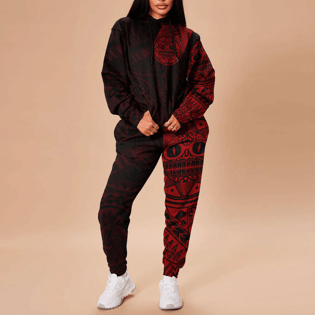 Alohawaii Clothing - Polynesian Tattoo Style Sun - Red Version Hoodie and Joggers Pant A7