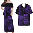 Alohawaii Combo Dress and Shirt - Polynesian Manta Ray With Hibiscus Tattoo Purple A31