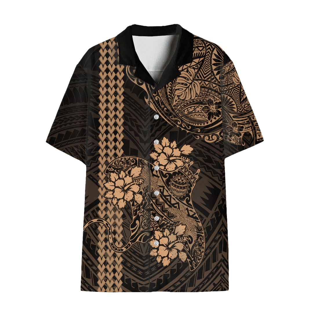 Alohawaii Combo Dress and Shirt - Polynesian Manta Ray With Hibiscus Tattoo Gold A31
