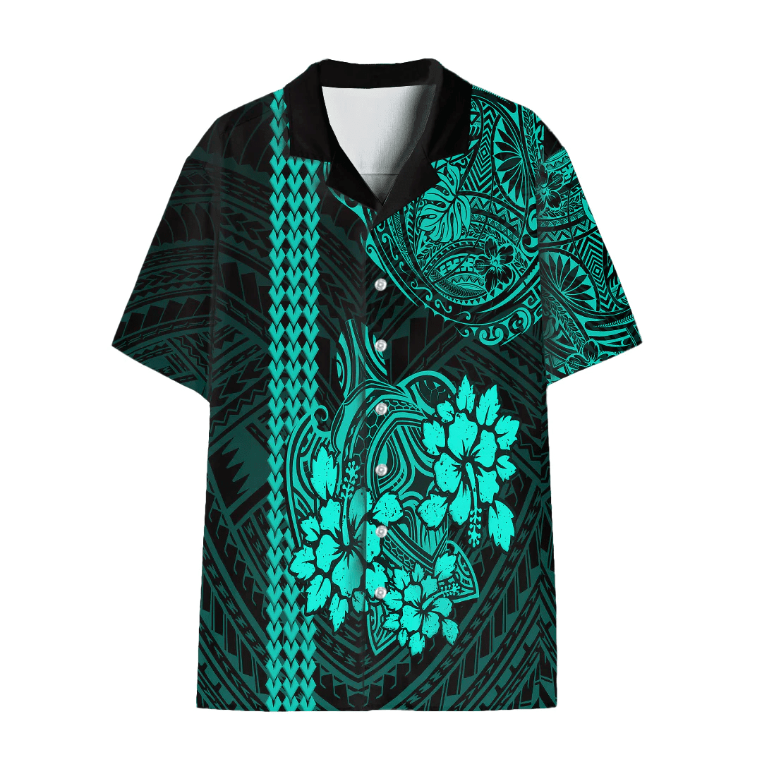 Alohawaii Combo Dress and Shirt - Polynesian Turtle With Hibiscus Tattoo Turquoise A31