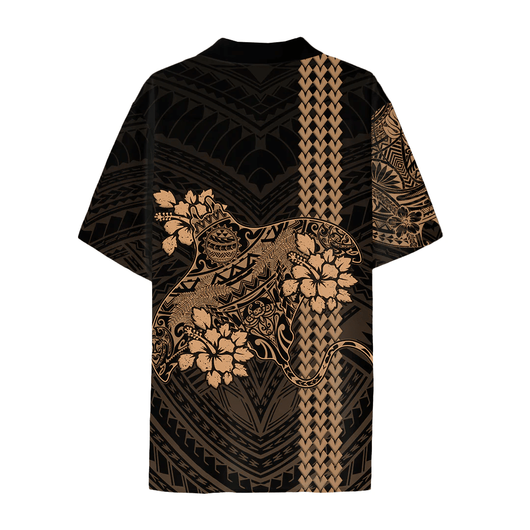 Alohawaii Combo Dress and Shirt - Polynesian Manta Ray With Hibiscus Tattoo Gold A31