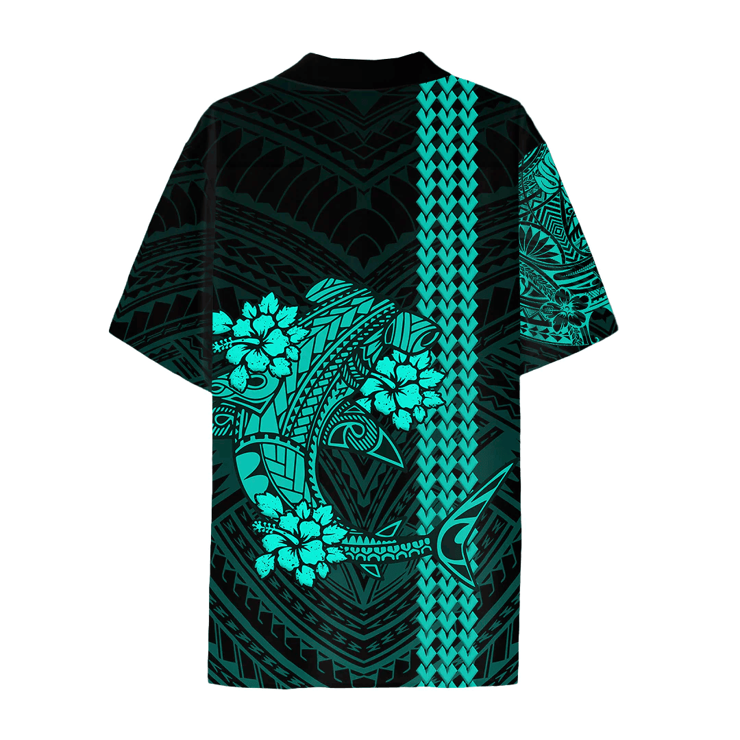 Alohawaii Combo Dress and Shirt - Polynesian Hammerhead Sharks With Hibiscus Tattoo Turquoise A31