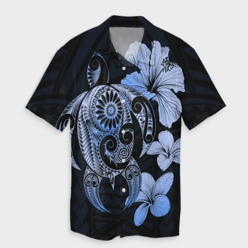 Alohawaii Shirt - Hibiscus Plumeria Mix Polynesian Turtle Hawaiian Shirt Blue - AH - JR