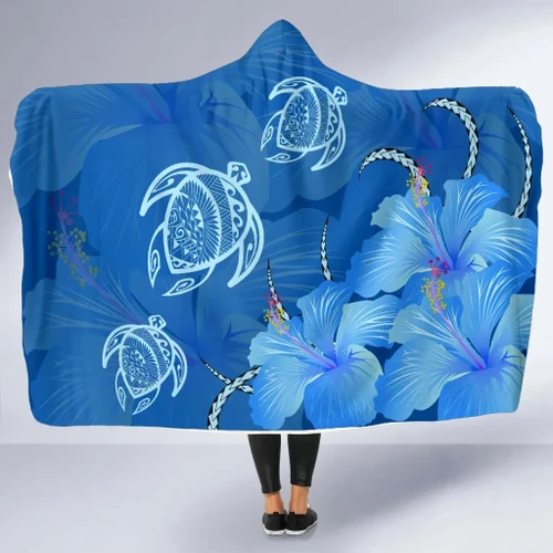 Alohawaii Clothing - Hawaii Blue Hibiscus Turtle Polynesian Hooded Blanket - AH - J4