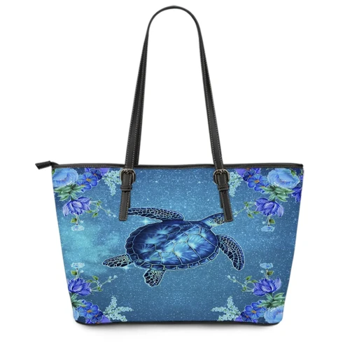 Alohawaii Bag - Hawaii Blue Turtle Flower Leather Tote Bag - Ocean Secret - AH JW