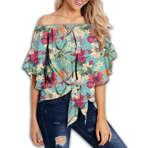 Alohawaii Clothing - Hawaii Seamless Floral Pattern With Tropical Hibiscus, Watercolor Women's Off Shoulder Wrap Waist Top - AH - J4