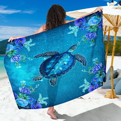 Alohawaii Sarong - Hawaii Blue Turtle Flower Sarong - Ocean Secret - AH JW