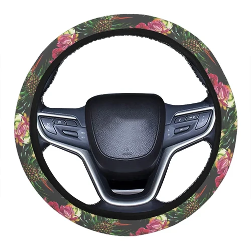 Alohawaii Accessory - Hawaii Palm Leaves Pineapples Jungle Leaf Hawaii Universal Steering Wheel Cover with Elastic Edge - AH - J6