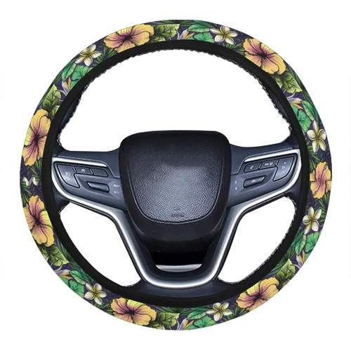 Alohawaii Accessory - Hawaii Hibiscus And Plumeria Green Hawaii Universal Steering Wheel Cover with Elastic Edge - AH - J6