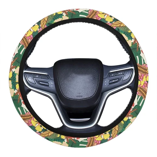 Alohawaii Accessory - Hawaii Tropical Leaves Flowers And Birds Floral jungle Hawaii Universal Steering Wheel Cover with Elastic Edge - AH - J6