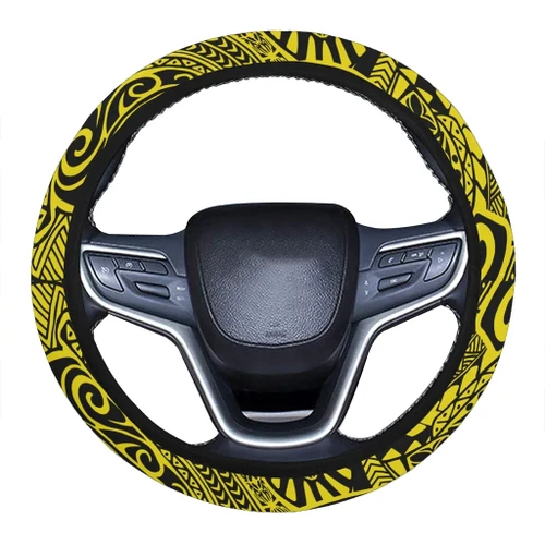 Alohawaii Accessory - Polynesian Hawaiian Style Tribal Tattoo Yellow Hawaii Steering Wheel Cover with Elastic Edge - AH - J6