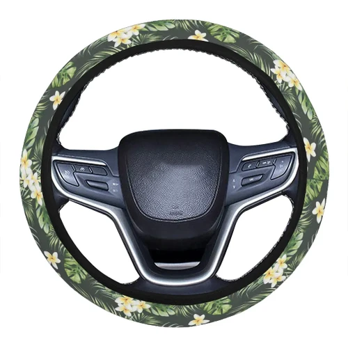 Alohawaii Accessory - Hawaii Summer Plumerias Flowers Palm Tree Monstera Leaves.  Hawaii Universal Steering Wheel Cover with Elastic Edge - AH - J6