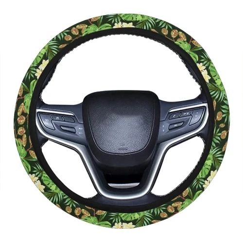 Alohawaii Accessory - Hawaii Tropical Leaves And Plumeria Hawaii Universal Steering Wheel Cover with Elastic Edge - AH - J6