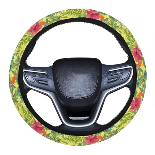Alohawaii Accessory - Hawaii Tropical Leaves And Flowers Hawaii Universal Steering Wheel Cover with Elastic Edge - AH - J6