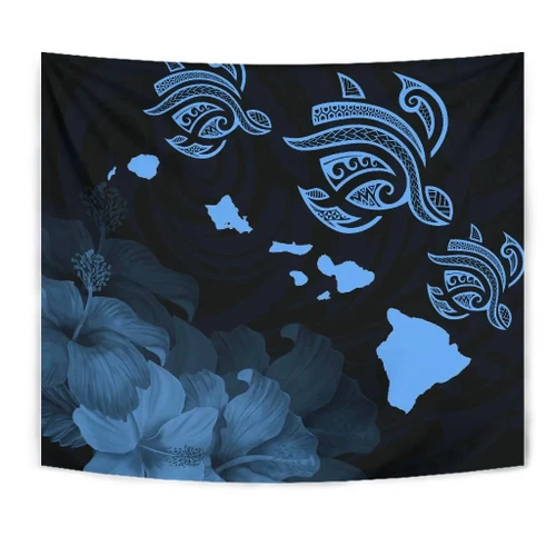 Alohawaii Home Set - Hawaii Hibiscus Map Polynesian Ancient Blue Tribal Tapestry - AH - J14