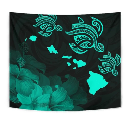 Alohawaii Home Set - Hawaii Hibiscus Map Polynesian Ancient Turquoise Tribal Tapestry - AH - J14