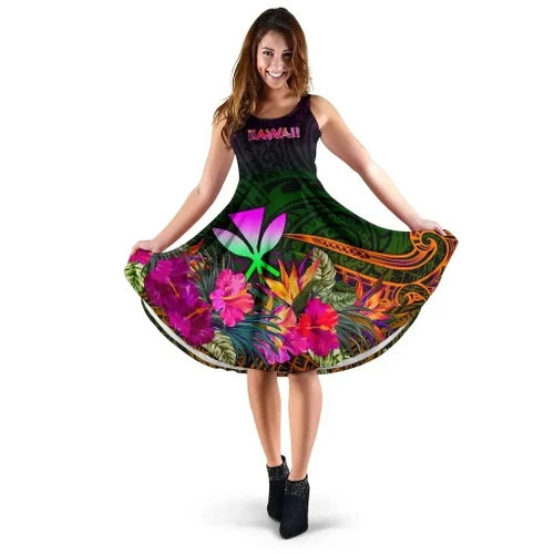 Alohawaii Dress - Polynesian Hawaii  Kanaka Maoli Midi Dress - Summer Hibiscus - BN15