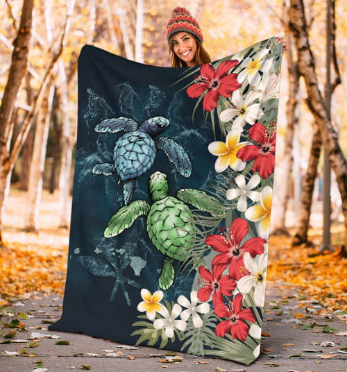 Alohawaii Blanket - Kanaka Maoli (Hawaiian) Premium Blanket  - Sea Turtle Tropical Hibiscus And Plumeria A24