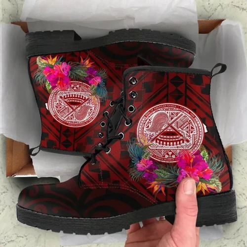 Alohawaii Footwear - American Samoa Leather Boots - Coat Of Arm With Polynesian Patterns - BN25