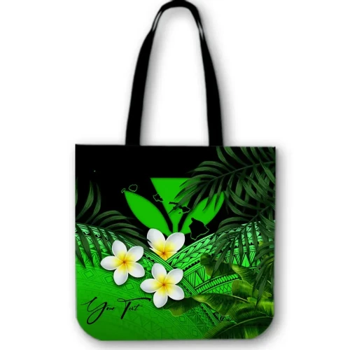 Alohawaii Bag - (Custom) Kanaka Maoli (Hawaiian) Tote Bag, Polynesian Plumeria Banana Leaves Green Personal Signature A02