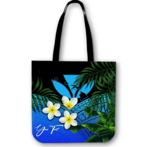 Alohawaii Bag - (Custom) Kanaka Maoli (Hawaiian) Tote Bag, Polynesian Plumeria Banana Leaves Blue Personal Signature A02