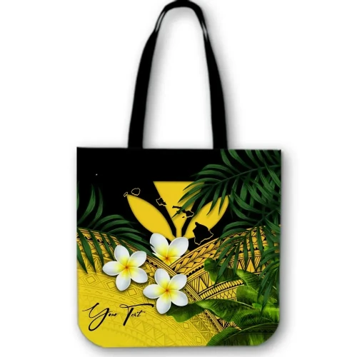 Alohawaii Bag - (Custom) Kanaka Maoli (Hawaiian) Tote Bag, Polynesian Plumeria Banana Leaves Yellow Personal Signature A02