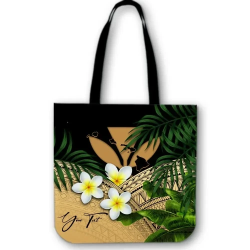 Alohawaii Bag - (Custom) Kanaka Maoli (Hawaiian) Tote Bag, Polynesian Plumeria Banana Leaves Gold Personal Signature A02