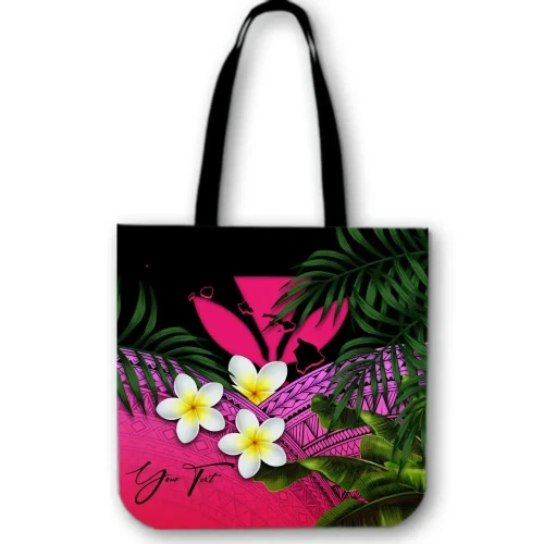 Alohawaii Bag - (Custom) Kanaka Maoli (Hawaiian) Tote Bags, Polynesian Plumeria Banana Leaves Pink Personal Signature A02