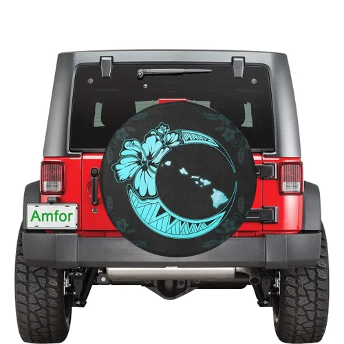 Alohawaii Accessory - Hawaii Hibiscus Map On The Moon Turquoise Spare Tire Cover AH J1