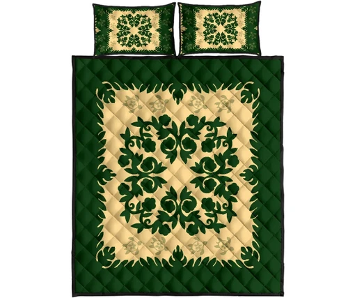 Alohawaii Home Set - Hawaiian Quilt Pumeria Medallion Green Quilt Bed Set - AH J8