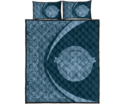 Alohawaii Home Set - Hawaii Polynesian Pele Kanaka Quilt Bed Set Circle Style Blue And Black - AH - J7