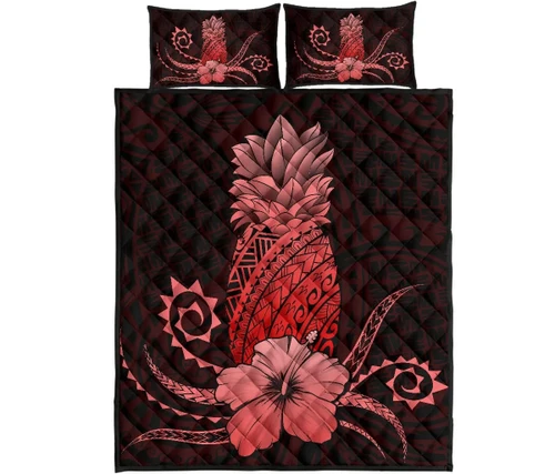 Alohawaii Home Set - Hawaii Polynesian Pineapple Hibiscus Quilt Bed Set - Zela Style Red - AH - J4