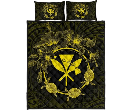 Alohawaii Home Set - Hawaii Kanaka Turtle Hibiscus Polynesian Quilt Bed Set - Anthea Style Yellow - AH - J4