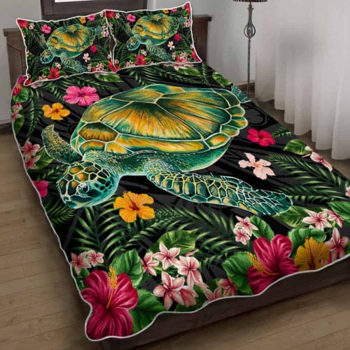Alohawaii Home Set - Aloha Turtle Hibiscus Tropical Polynesian Quilt Bed Set - Yam - AH - J2