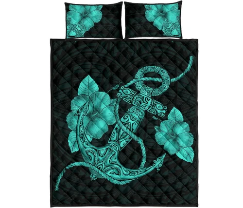 Alohawaii Home Set - Anchor Poly Tribal Quilt Bed Set Turquoise - AH - J1