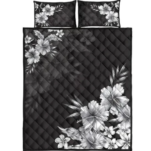 Alohawaii Home Set - Black n White Hibiscus Quilt Bed Set - AH - J4