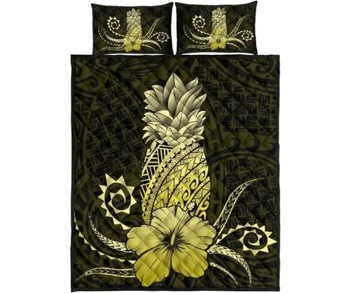 Alohawaii Home Set - Hawaii Polynesian Pineapple Hibiscus Quilt Bed Set - Zela Style Yellow - AH - J4