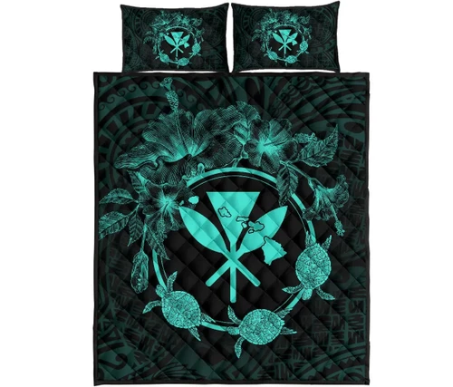 Alohawaii Home Set - Hawaii Kanaka Turtle Hibiscus Polynesian Quilt Bed Set - Anthea Style Turquoise - AH - J4