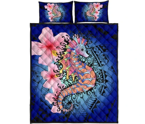 Alohawaii Home Set - Hawaii Polynesian Pink Hibiscus Seahorse Quilt Bed Set - AH - J5