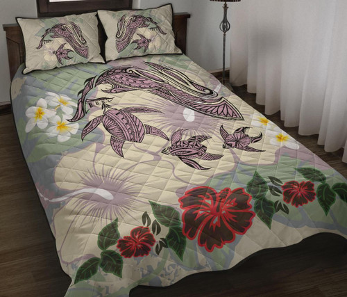 Alohawaii Home Set - Hawaii Turtle Shark Hibiscus Quilt Bed Set - Beige - LH Style - AH - J3