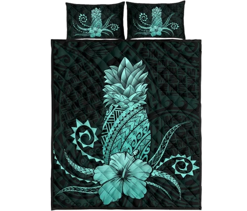 Alohawaii Home Set - Hawaii Polynesian Pineapple Hibiscus Quilt Bed Set - Zela Style Turquoise - AH - J4