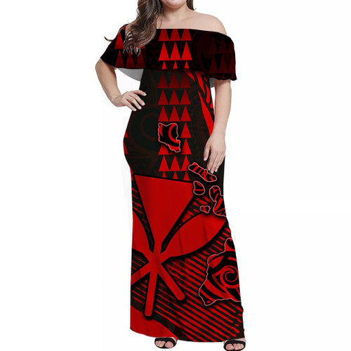 Alohawaii Dress - Hawaii Kanaka Map Off Shoulder Long Dress Red Color Style