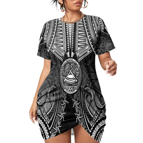 1sttheworld Clothing - American Samoa Tattoo Stacked Hem Dress With Short Sleeve A31