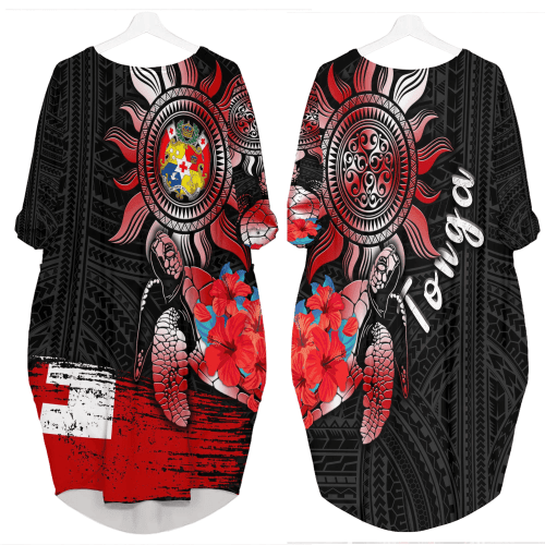 Alohawaii Clothing - Tonga Polynesian Sun and Turtle Tattoo Batwing Pocket Dress A35