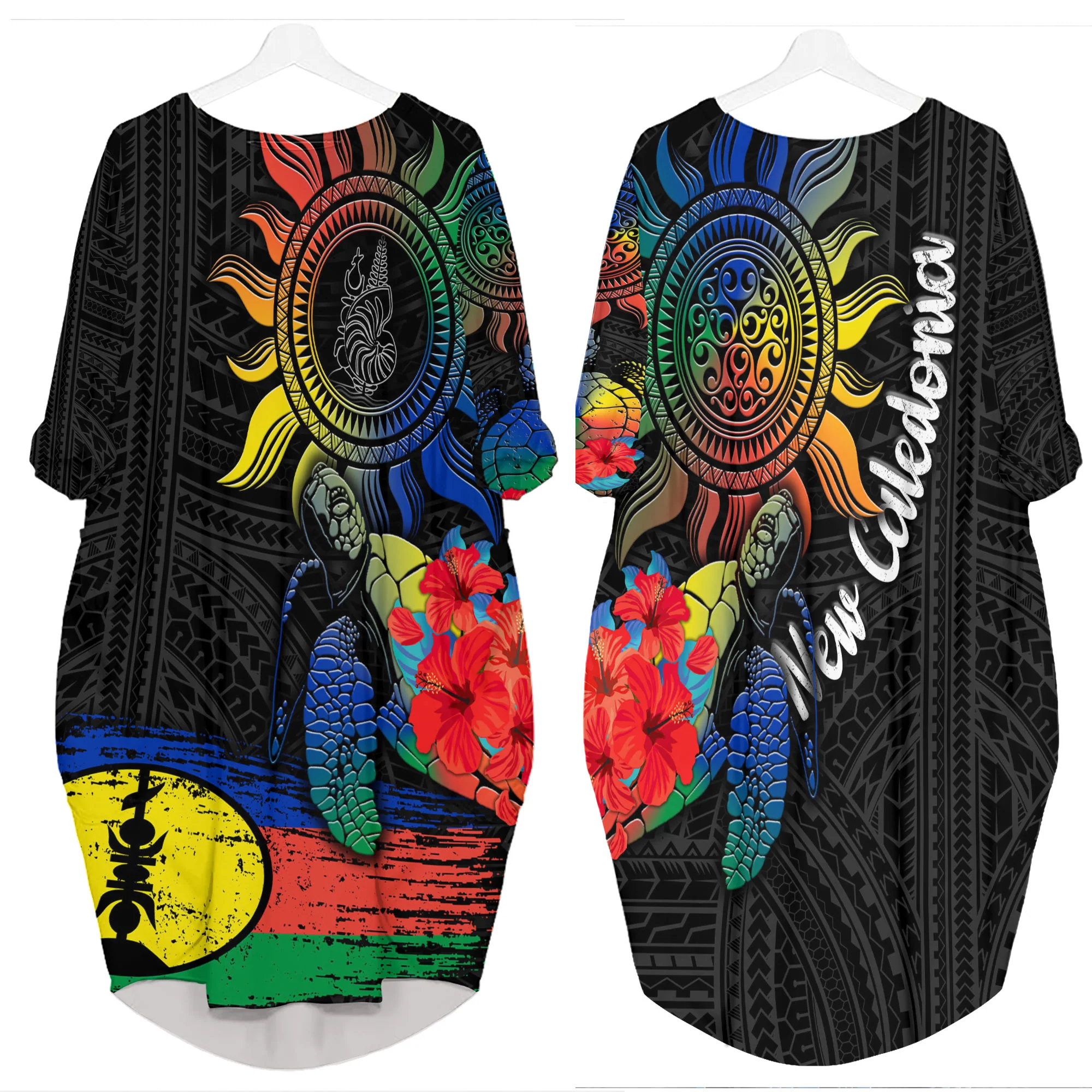 Alohawaii Clothing - New Caledonia Polynesian Sun and Turtle Tattoo Batwing Pocket Dress A35