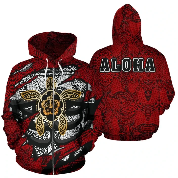 Alohawaii Hoodie - Aloha Turtle Hibiscus Polynesian Zip-up Hoodie - AH