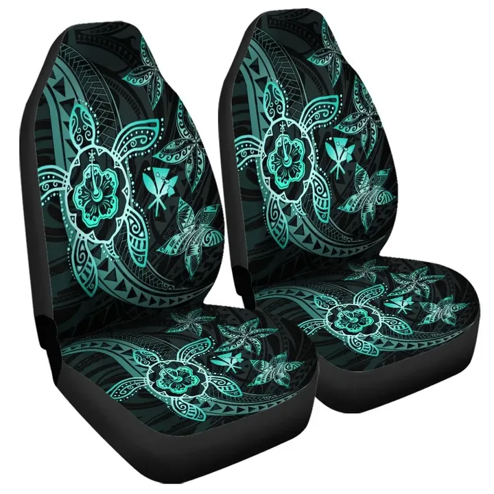Alohawaii Car Accessory - Kanaka Map Hibiscus Plumeria Turtle Art Turquoise Polynesian Car Seat Covers