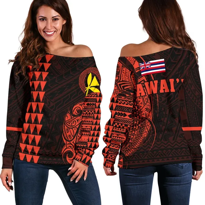 Hawaii Kanaka Polynesian Women's Off Shoulder Sweater - Orange - AH - J6 - Alohawaii