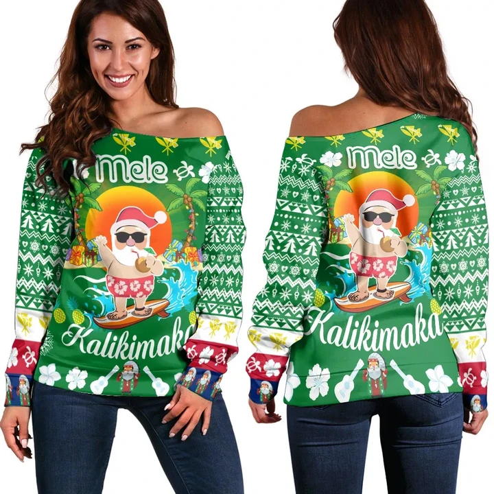 Hawaiian Mele Kalikimaka Santa Claus Pattern Christmas Women's Off Shoulder Sweater - Green - Labo Style - AH - J3